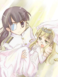 Rule 34 | 00s, 2girls, bridal veil, bride, carrying, dress, elbow gloves, eyepatch, glasses, gloves, multiple girls, perrine h. clostermann, princess carry, sakamoto mio, strike witches, tiara, veil, wedding, wedding dress, wife and wife, world witches series, yuri