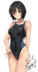 Rule 34 | 1girl, adjusting clothes, adjusting swimsuit, amagami, artist name, black hair, black one-piece swimsuit, breasts, brown eyes, commentary, competition swimsuit, covered navel, cowboy shot, dated, highres, looking at viewer, nanasaki ai, one-piece swimsuit, revision, short hair, signature, simple background, small breasts, smile, solo, swimsuit, two-tone swimsuit, white background, yoo tenchi