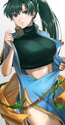Rule 34 | 1girl, belt, unworn belt, blue dress, breasts, commentary request, cowboy shot, crop top, delsaber, dress, earrings, fire emblem, fire emblem: the blazing blade, gold earrings, gradient background, green eyes, green hair, green shirt, grey background, high collar, highres, jewelry, large breasts, long hair, looking at viewer, lyn (fire emblem), midriff, nintendo, parted lips, ponytail, rope belt, shirt, solo, thighs, turtleneck, undressing, white background