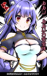 Rule 34 | .live, 1girl, absurdres, alternate breast size, animal ears, arms at sides, blush, breasts, cleavage, commentary request, fingerless gloves, gloves, hair ornament, highres, long hair, looking at viewer, medium breasts, purple hair, rurun rururica, smile, solo, translation request, virtual youtuber, wolf ears, yellow eyes, zebrablack