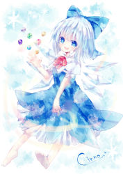 Rule 34 | 1girl, arm up, bad id, bad pixiv id, barefoot, blue dress, blue eyes, blue hair, bow, cirno, dress, gem, hair bow, matching hair/eyes, necktie, nonaka, open mouth, short hair, smile, snowflakes, solo, touhou, wings