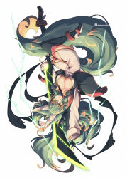 Rule 34 | 1girl, animal ear fluff, animal ears, black footwear, black gloves, black thighhighs, breasts, cleavage, commentary request, fingerless gloves, full body, gloves, green eyes, green hair, highres, holding, holding sword, holding weapon, jacket, kuromiya, kuromiya raika (kuromiya), large breasts, long hair, long sleeves, looking at viewer, multicolored hair, orange hair, original, shoes, simple background, solo, sword, thighhighs, two-tone hair, upside-down, weapon, white background, white jacket