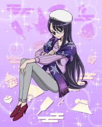 Rule 34 | 1girl, artist request, casual, commentary, english commentary, eyelashes, glasses, happy, heartcatch precure!, highres, long hair, looking at viewer, official art, pants, precure, precure connection puzzlun, purple background, purple eyes, purple hair, purple sweater, purple theme, sitting, smile, solo, sweater, third-party source, tsukikage yuri