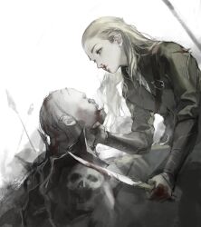 Rule 34 | 2boys, aizheajsee, arm guards, bald, battlefield, belt, blonde hair, blood, blood on face, blood on hands, coat, commentary, cuts, elf, from side, hair behind ear, hair pulled back, highres, holding, holding sword, holding weapon, imminent murder, injury, legolas, long hair, looking at another, multiple boys, neck grab, nosebleed, orc, pointy ears, profile, short sword, shoulder spikes, spikes, strangling, sword, tolkien&#039;s legendarium, torn clothes, weapon