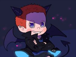 Rule 34 | 1boy, black background, black horns, black jacket, black nails, black shirt, black sleeves, black wings, blood, blood splatter, blue eyes, blue shirt, blush stickers, buttons, collared jacket, commentary request, crossed arms, danganronpa (series), danganronpa v3: killing harmony, demon horns, demon tail, demon wings, fingernails, forehead, grin, halloween, horns, hoshi ryoma, jacket, kogarashi 8, leather, leather jacket, long sleeves, looking at viewer, male focus, midriff peek, monsterification, nail polish, open clothes, open jacket, orange hair, partial commentary, pink blood, pointy ears, prison clothes, red pupils, sharp fingernails, sharp teeth, shirt, short hair, slit pupils, smile, solo, striped clothes, striped shirt, tail, teeth, two-tone shirt, upper body, v-shaped eyes, very short hair, wings