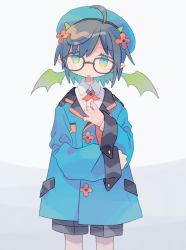 Rule 34 | 1girl, ahoge, beret, black-framed eyewear, black hair, black shorts, blue eyes, blue hat, blue jacket, clenched hand, collared shirt, cowboy shot, daizu (melon-lemon), demon horns, demon wings, glasses, gradient eyes, grey background, hair ornament, hands up, hat, head wings, highres, horns, jacket, long sleeves, looking at viewer, multicolored eyes, no nose, original, parted lips, pointy ears, red neckwear, shirt, short hair, shorts, simple background, sleeve cuffs, sleeves past wrists, solo, sweat, swept bangs, tareme, white shirt, wide sleeves, wing collar, wings