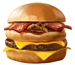 Rule 34 | bacon, beef, burger, cheese, commentary request, food, food focus, no humans, onion, original, realistic, sauce, simple background, still life, taka (takahirokun), white background