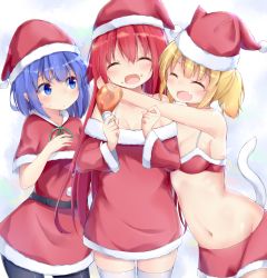 Rule 34 | 3girls, :/, :d, ^ ^, aka no ripika, animal hat, ao no rupika, beatmania, beatmania iidx, bikini, bikini top only, black legwear, blonde hair, blue eyes, blue hair, blush, breasts, capelet, cat hat, cat tail, chicken (food), chicken leg, christmas, closed eyes, closed mouth, dress, fang, fang out, food, food bite, food on face, girl sandwich, groin, hair between eyes, hat, head tilt, holding, holding food, hug, ki no rapika, kyuukon (qkonsan), long hair, long sleeves, looking at another, medium breasts, miniskirt, multiple girls, navel, off-shoulder dress, off shoulder, open mouth, outstretched arm, pantyhose, red bikini, red hair, sandwiched, santa costume, santa hat, short twintails, skirt, smile, sweatdrop, swimsuit, tail, thighhighs, twintails, very long hair, white legwear