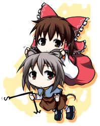 Rule 34 | 2girls, animal ears, bow, brown eyes, brown hair, cheese, chibi, dowsing rod, dress, grabbing another&#039;s ear, female focus, food, grey hair, hair bow, hakurei reimu, hand on another&#039;s ear, mochizuki ado, mouse ears, mouse tail, multiple girls, nazrin, red dress, red eyes, smile, tail, touhou