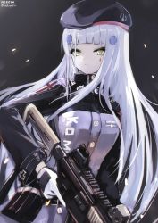 Rule 34 | 1girl, assault rifle, beret, black hat, blue jacket, breasts, commentary request, facial mark, girls&#039; frontline, gloves, green eyes, gun, h&amp;k hk416, hair ornament, hat, hk416 (girls&#039; frontline), holding, holding gun, holding weapon, jacket, long hair, long sleeves, looking at viewer, name connection, nekoya (liu), object namesake, parted lips, rifle, signature, silver hair, small breasts, solo, trigger discipline, twitter username, very long hair, weapon, white gloves