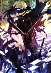 Rule 34 | 10s, 1girl, arm support, belt, bikini, bikini top only, black hair, black rock shooter, black rock shooter (character), blue eyes, boots, chain, checkered floor, coat, floor, gloves, glowing, glowing eyes, highres, huge weapon, knee boots, long hair, moon, perspective, scar, shorts, sitting, solo, star (symbol), swimsuit, sword, weapon, wyx2