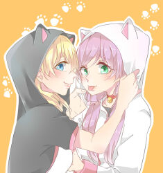 Rule 34 | 2girls, animal ear hood, animal hood, ayase eli, bell, blonde hair, blue eyes, blush, cat hood, choker, closed mouth, collarbone, commentary request, fake animal ears, green eyes, hair between eyes, hair down, hair ornament, hair scrunchie, highres, hood, kashikaze, long hair, looking at viewer, love live!, love live! school idol project, medium hair, multiple girls, neck bell, onesie, orange background, outline, paw print, paw print background, purple hair, red choker, scrunchie, tongue, tongue out, tojo nozomi, upper body, white outline, yuri