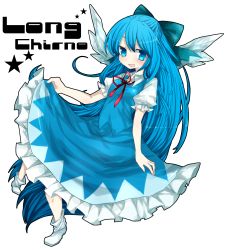 Rule 34 | 1girl, adapted costume, alternate hairstyle, amaya enaka, blue eyes, blue hair, bow, cirno, dress, fang, full body, hair bow, highres, long hair, matching hair/eyes, solo, star (symbol), touhou, transparent background, very long hair, wings