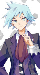 Rule 34 | 1boy, blue eyes, closed mouth, collared shirt, commentary request, creatures (company), game freak, hand up, highres, jacket, jewelry, long sleeves, male focus, nanashino (7shino gs), necktie, nintendo, pokemon, pokemon oras, purple vest, red necktie, ring, shirt, short hair, smile, solo, steven stone, upper body, vest, white shirt