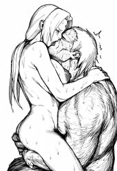Rule 34 | 1boy, 1girl, back, bare back, bare shoulders, breasts, completely nude, facial mark, forehead jewel, forehead mark, highres, kiss, large breasts, long hair, mature female, mature male, monochrome, naruto (series), nude, sex, simple background, tagme, tongue, tsunade (naruto), ugly man, white background