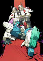 Rule 34 | decepticon, energon, hand on own thigh, head tilt, highres, leaning forward, lying, mecha, megatron, megatron (idw), missile pod, on back, overlord (transformers), red eyes, robot, science fiction, sitting, smile, the transformers (idw), transformers, vetania