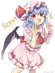 Rule 34 | 1girl, ascot, bat wings, blue hair, blush, brooch, collared shirt, commentary, fang, feet out of frame, fingernails, frilled shirt collar, frilled skirt, frills, hair between eyes, hat, hat ribbon, highres, jewelry, mob cap, nail polish, open mouth, pink hat, pink shirt, pink skirt, ramudia (lamyun), red ascot, red eyes, red nails, red ribbon, remilia scarlet, ribbon, shirt, short hair, simple background, skin fang, skirt, smile, solo, touhou, twitter username, white background, wings