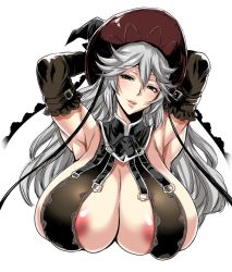 Rule 34 | 10s, 1girl, areola slip, armpits, arms up, blush, breasts, cleavage, elbow gloves, gloves, granblue fantasy, half-closed eyes, hat, head tilt, huge breasts, lips, long hair, magisa (granblue fantasy), musashino sekai, parted lips, silver hair, simple background, solo, upper body, white background, witch hat