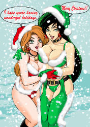 Rule 34 | 2girls, alternate costume, bare arms, bare legs, bare shoulders, bell, belt, bikini, bikini top only, black belt, black collar, breasts, christmas, cleavage, collar, collarbone, couple, dark green hair, disney, earrings, english text, fur trim, gloves, green bikini, green eyes, green gloves, green headwear, groin, half-closed eyes, happy, hat, highres, holding hands, hug, jewelry, kim possible (series), kim possible, kugayama hodai, large breasts, legs, lips, lipstick, long hair, looking at viewer, makeup, medium breasts, merry christmas, midriff, multiple girls, naughty face, navel, neck, neck bell, necklace, open mouth, orange hair, pink lips, red bikini, red gloves, red headwear, red lips, round teeth, santa hat, shego, simple background, smile, snow, speech bubble, standing, straight hair, swimsuit, teeth, thighhighs, thighs, thong, upper teeth only, yuri