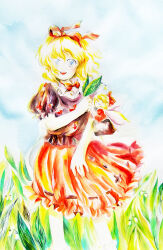 Rule 34 | 1girl, :d, black shirt, blonde hair, blue eyes, bow, bow choker, choker, feet out of frame, flower, hair ribbon, holding, holding flower, legs apart, lily of the valley, looking at viewer, medicine melancholy, medinki, official style, open mouth, puffy short sleeves, puffy sleeves, red bow, red choker, red ribbon, red skirt, ribbon, shirt, short hair, short sleeves, skirt, smile, standing, su-san, teeth, touhou, traditional media, upper teeth only, white flower, zun (style)