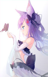 Rule 34 | 1girl, animal ear fluff, animal ears, bandeau, bare shoulders, blue eyes, bow, bridal gauntlets, bug, butterfly, cowboy shot, flat chest, frills, from side, hair bow, highleg, highres, bug, long hair, midriff, mishuo (misuo69421), original, purple hair, revealing clothes, shawl, skirt, solo, white skirt