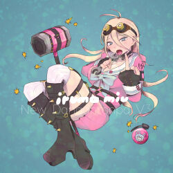 Rule 34 | 1girl, asami (space neko), belt, black footwear, blonde hair, blue background, blue eyes, blush, boots, character name, copyright name, danganronpa (series), danganronpa v3: killing harmony, explosive, fingerless gloves, gloves, goggles, goggles on head, grenade, highres, holding, holding wrench, iruma miu, long hair, mallet, middle finger, open mouth, school uniform, solo, spiked boots, studded gloves, tongue, tongue out, weapon, wrench