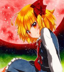 Rule 34 | 1girl, arm support, bad id, bad pixiv id, black skirt, black vest, blonde hair, closed mouth, frilled skirt, frills, from side, long sleeves, looking at viewer, looking to the side, moon, outdoors, qqqrinkappp, red eyes, red moon, red neckwear, rumia, shikishi, shirt, skirt, skirt set, solo, touhou, traditional media, vest, white shirt