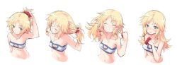 Rule 34 | 1girl, blonde hair, blush, braid, breasts, cleavage, commentary, cropped torso, closed eyes, fate/apocrypha, fate (series), french braid, green eyes, hair down, highres, long hair, looking at viewer, mordred (fate), mordred (fate/apocrypha), mordred (memories at trifas) (fate), mozu (peth), multiple views, navel, ponytail, red scrunchie, scrunchie, sketch, small breasts, wrist scrunchie