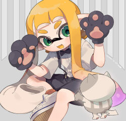 Rule 34 | 1girl, black shorts, blonde hair, blush, colored tongue, fang, green eyes, inkling girl, inkling player character, long hair, looking at viewer, nintendo, open mouth, pointy ears, sahata saba, shoes, shorts, smile, sneakers, solo, splatoon (series), tentacle hair, thick eyebrows, twintails, white footwear, yellow tongue
