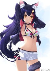 Rule 34 | 1girl, absurdres, animal ear fluff, animal ears, armpits, arms up, bikini, bikini under clothes, black hair, black jacket, breasts, cleavage, front-tie top, hair between eyes, hair ornament, hairclip, highres, hololive, jacket, kuro (be ok), leaf print, long hair, looking at viewer, maple leaf print, medium breasts, multicolored hair, ookami mio, ookami mio (hololive summer 2019), red hair, short shorts, shorts, side-tie bikini bottom, simple background, smile, solo, streaked hair, swimsuit, tail, tail around own leg, tail wrap, very long hair, virtual youtuber, white bikini, white shorts, wolf ears, wolf girl, wolf tail, yellow eyes