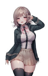 Rule 34 | 1girl, blazer, blush, bow, bowtie, breasts, brown hair, buttons, commentary request, danganronpa: trigger happy havoc, danganronpa (series), dated, fingernails, hair ornament, hairclip, hand up, huge breasts, jacket, large breasts, long sleeves, looking at viewer, nanami chiaki, open clothes, open mouth, pink hair, pleated skirt, shiny clothes, shiny skin, shiro albino, short hair, simple background, skirt, sleeves past wrists, smile, solo, teeth, thighhighs, thighs, white background, zettai ryouiki