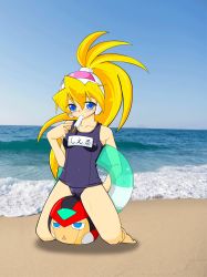Rule 34 | 1girl, absurdres, ball, balloon, bare arms, bare shoulders, barefoot, beach, blonde hair, blue eyes, blush, breasts, cameltoe, capcom, character balloon, ciel (mega man), foam, food, hair between eyes, headgear, high ponytail, highres, innertube, kneeling, long hair, mega man (series), mega man zero (series), name tag, ocean, photo background, ponytail, popsicle, riding, school swimsuit, sexually suggestive, sitting on ball, sky, small breasts, solo focus, swim ring, swimsuit, water, zero (mega man)