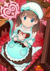 Rule 34 | 1girl, apron, aqua apron, aqua bow, aqua eyes, blunt bangs, bow, brown hair, detached sleeves, flower, frilled apron, frills, from above, full body, hat, hat bow, heart, highres, holding, looking at viewer, nobile1031, original, pantyhose, pillow, pink flower, pink rose, pocket, red flower, red rose, rose, sitting, smile, solo, twintails, valentine, white hat, white pantyhose
