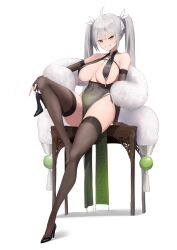 Rule 34 | absurdres, alternate hairstyle, breasts, chinese clothes, detached sleeves, feather boa, feet, full body, green eyes, heels, highres, kotoha rimu, large breasts, long hair, one leg raised, shoes, sitting, smile, suzuya (maru), table, thighhighs, twintails, underboob, virtual youtuber, white background, white hair