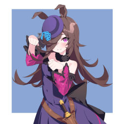 Rule 34 | 1girl, animal ears, bare shoulders, belt, blue flower, blue rose, blush, breasts, brown hair, closed mouth, dagger, dress, flower, fur choker, hair over one eye, hands up, hat, horse ears, knife, long hair, long sleeves, looking at viewer, off-shoulder dress, off shoulder, paw pose, purple dress, purple eyes, purple hat, rice shower (umamusume), rose, sheath, sheathed, small breasts, smile, solo, split mouth, suimz, umamusume, upper body, weapon