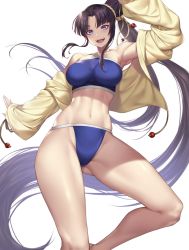Rule 34 | 1girl, arm up, armpits, bare shoulders, bikini, black hair, blue bikini, blue eyes, blunt bangs, blush, breasts, collarbone, commentary request, fate/grand order, fate (series), groin, highres, impossible clothes, impossible swimsuit, jacket, jacket over swimsuit, large breasts, long hair, looking at viewer, midriff, nasaniliu, navel, off shoulder, open mouth, parted bangs, side ponytail, sidelocks, simple background, sleeves past wrists, smile, solo, swimsuit, teeth, upper teeth only, ushiwakamaru (fate), ushiwakamaru (fate/grand order), ushiwakamaru (swimsuit assassin) (fate), ushiwakamaru (swimsuit assassin) (first ascension) (fate), very long hair, white background, yellow jacket