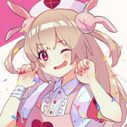 Rule 34 | &gt; &lt;, + +, 1girl, apron, armband, bandaged arm, bandages, blush, brown background, brown hair, center frills, collared shirt, confetti, fang, frills, hair ornament, hands up, hat, heart, long hair, nail polish, natori sana, nekomitei, nurse, nurse cap, one eye closed, open mouth, pink apron, puffy short sleeves, puffy sleeves, purple background, rabbit hair ornament, red eyes, red nails, safety pin, sana channel, shirt, short sleeves, solo, two-tone background, two side up, upper body, virtual youtuber, white hat, white shirt