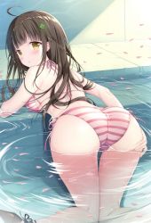 Rule 34 | 1girl, absurdres, ahoge, all fours, bikini, breasts, brown hair, from behind, hair ornament, hairclip, hanahanamaki, hand on own ass, high heels, highres, knees together feet apart, long hair, looking at viewer, medium breasts, melonbooks, partially submerged, petals, pink bikini, scan, side-tie bikini bottom, sideboob, solo, sousouman, striped bikini, striped clothes, swimsuit, yellow eyes