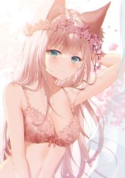 Rule 34 | 1girl, animal ears, arm behind head, arm up, bare arms, bare shoulders, blush, bow, bow bra, bra, breasts, brown bra, brown hair, cherry blossoms, cleavage, closed mouth, collarbone, commentary request, curtains, flower, flower wreath, fox ears, green eyes, head wreath, highres, lingerie, long hair, looking at viewer, medium breasts, myusha, original, petals, pink flower, solo, transparent, underwear, underwear only, upper body, very long hair