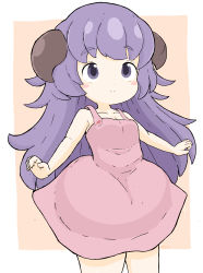 Rule 34 | 1girl, absurdres, bare arms, bare shoulders, blush, breasts, brown background, cleavage, closed mouth, commentary request, dress, hanyuu, highres, higurashi no naku koro ni, horns, long hair, medium breasts, pink dress, purple eyes, purple hair, rururu (pyrk8855), sleeveless, sleeveless dress, smile, solo, standing, thick eyebrows, two-tone background, very long hair, white background