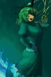 Rule 34 | &gt;:o, 1girl, :o, breasts, cowboy shot, dress, electricity, from side, ghost tail, green dress, green eyes, green hair, hand on own hip, hat, juliet sleeves, koyubi (littlefinger1988), large breasts, long sleeves, looking at viewer, looking to the side, open mouth, puffy sleeves, shaded face, soga no tojiko, solo, tate eboshi, touhou, v-shaped eyebrows