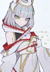 Rule 34 | 1girl, animal ear fluff, animal ears, bare shoulders, breasts, brown eyes, cleavage, closed mouth, commentary request, copyright name, facial mark, flower, grey background, grey hair, haku (yanhaku), highres, hood, hood down, looking at viewer, nia (xenoblade), petals, ribbon trim, simple background, small breasts, solo, white flower, xenoblade chronicles (series), xenoblade chronicles 3