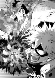 Rule 34 | 2boys, armor, bakugou katsuki, beard, boku no hero academia, endeavor (boku no hero academia), explosion, facial hair, fighting stance, fire, from side, greyscale, looking at another, male focus, mature male, monochrome, multiple boys, muscular, muscular male, pauldrons, popo take, profile, scar, scar across eye, scar on face, short hair, shoulder armor, sideburns, spiked hair, stubble