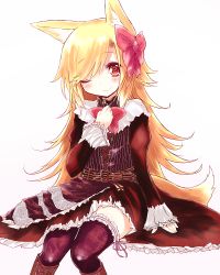 Rule 34 | 1girl, akane (naomi), animal ear fluff, animal ears, bad id, bad pixiv id, black thighhighs, blonde hair, bow, dress, fox ears, fox tail, frilled thighhighs, frills, hair bow, hand on own chest, hutaba akane, long hair, long sleeves, nanashin naomi, one eye closed, original, red eyes, simple background, sitting, sleeves past wrists, smile, solo, tail, thighhighs, white background, wink