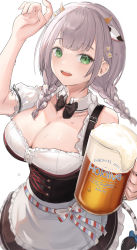Rule 34 | 1girl, absurdres, alcohol, beer, beer mug, braid, breasts, cleavage, cup, flower, german clothes, green eyes, gurina, hair flower, hair ornament, highres, hololive, large breasts, medium hair, mug, open mouth, shirogane noel, silver hair, simple background, smile, solo, sweat, teeth, twin braids, upper teeth only, virtual youtuber, white background