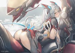 Rule 34 | 1girl, absurdres, alternate costume, antenna hair, arm guards, ass, azur lane, breasts, character name, cloud, fake tail, from behind, headgear, highres, huge filesize, large breasts, long hair, looking at viewer, looking back, mecha, mole, mole on breast, multicolored hair, prinz eugen (azur lane), red hair, revealing clothes, robot, sideboob, silver hair, solo, streaked hair, tail, two side up, very long hair, yellow eyes, yusha m