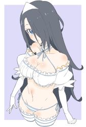 Rule 34 | 1girl, absurdres, bad id, bad twitter id, bare shoulders, black hair, blue eyes, blue ribbon, breasts, cowboy shot, criss-cross halter, cropped legs, detached sleeves, donguri suzume, elbow gloves, gloves, hair over one eye, halterneck, highres, large breasts, long hair, looking at viewer, navel, neck ribbon, one eye covered, original, panties, parted lips, puffy short sleeves, puffy sleeves, purple background, ribbon, short sleeves, simple background, solo, striped clothes, striped panties, thighhighs, triangular headpiece, underwear, white gloves