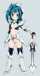 Rule 34 | 10s, 1boy, ahoge, androgynous, armor, bad id, bad pixiv id, blue eyes, blue hair, blush, boots, cardfight!! vanguard, chawanmushi (ebikamaboko), full body, gloves, head wings, male focus, matching hair/eyes, navel, sendou aichi, short hair, simple background, solo, sword, trap, weapon, wings