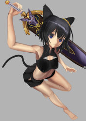 Rule 34 | 1girl, 1other, animal ears, arm up, armpits, bare shoulders, barefoot, black fur, black hair, black shorts, blue eyes, breasts, cat ears, cat girl, cat tail, earrings, fantasy, feet, fran (tensei shitara ken deshita), from above, full body, gold earrings, grey background, hair between eyes, highres, holding, holding sword, holding weapon, jewelry, looking at viewer, looking up, medium breasts, midriff, red eyes, rokuba, sheath, sheathed, shiny clothes, shishou (tensei shitara ken deshita), short shorts, shorts, simple background, slit pupils, stomach, sword, tail, tensei shitara ken deshita, thighs, weapon