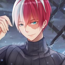 Rule 34 | 1boy, artist name, black sweater, blue eyes, boku no hero academia, burn scar, commentary request, face, hair between eyes, kuurimuart, looking at viewer, male focus, multicolored hair, red eyes, red hair, scar, short hair, smile, solo, striped clothes, striped sweater, sweater, todoroki shouto, two-tone hair, white hair